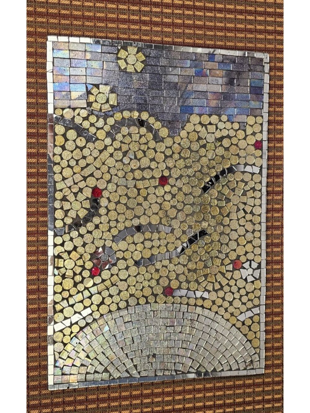 Decorative Abstract Mosaic Wall Art Metallic Gold & Silver With Red Accents